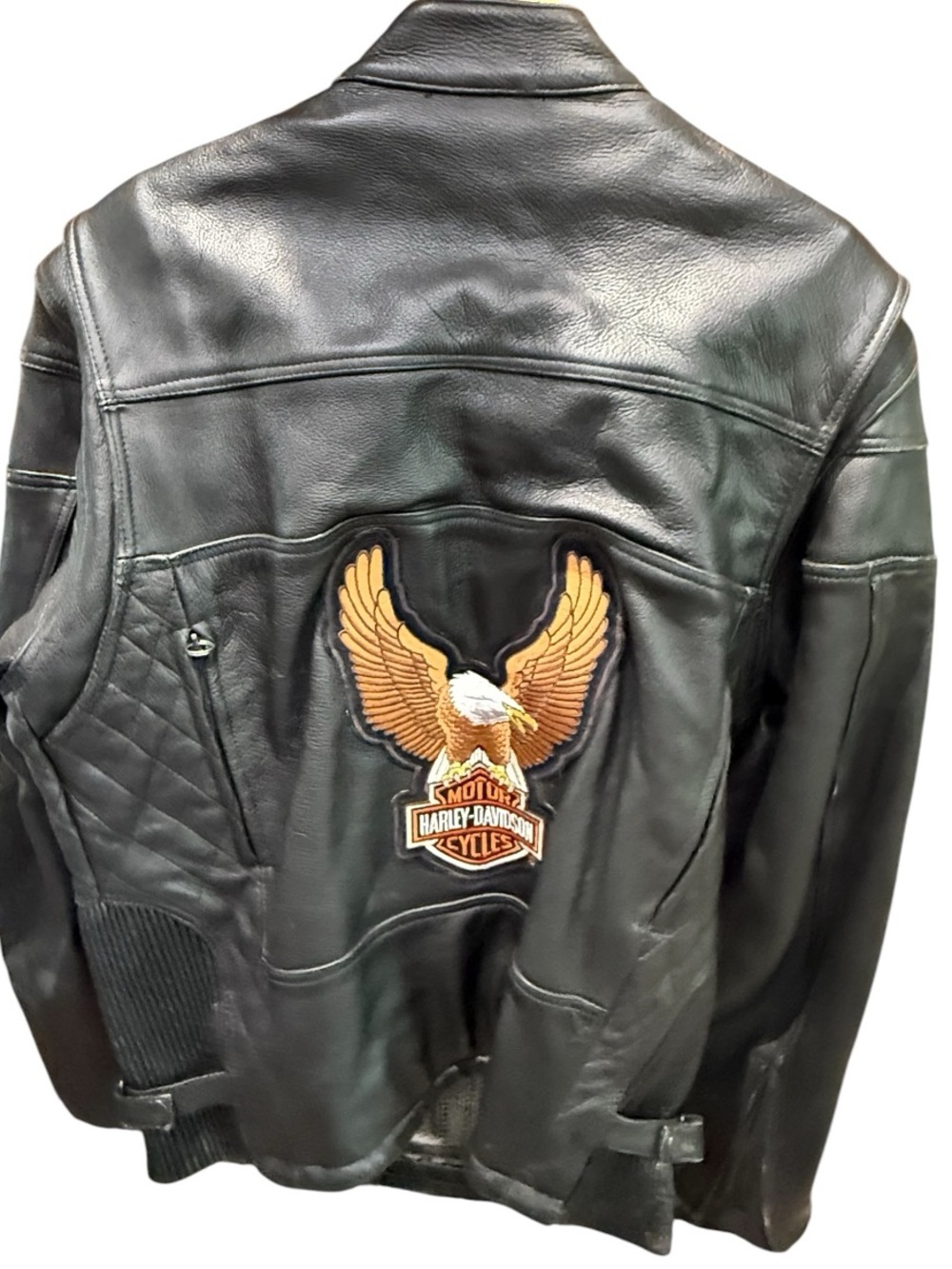 Harley-Davidson Vintage Heavy Thick Black Leather BikerJacket with Eagle Patch L